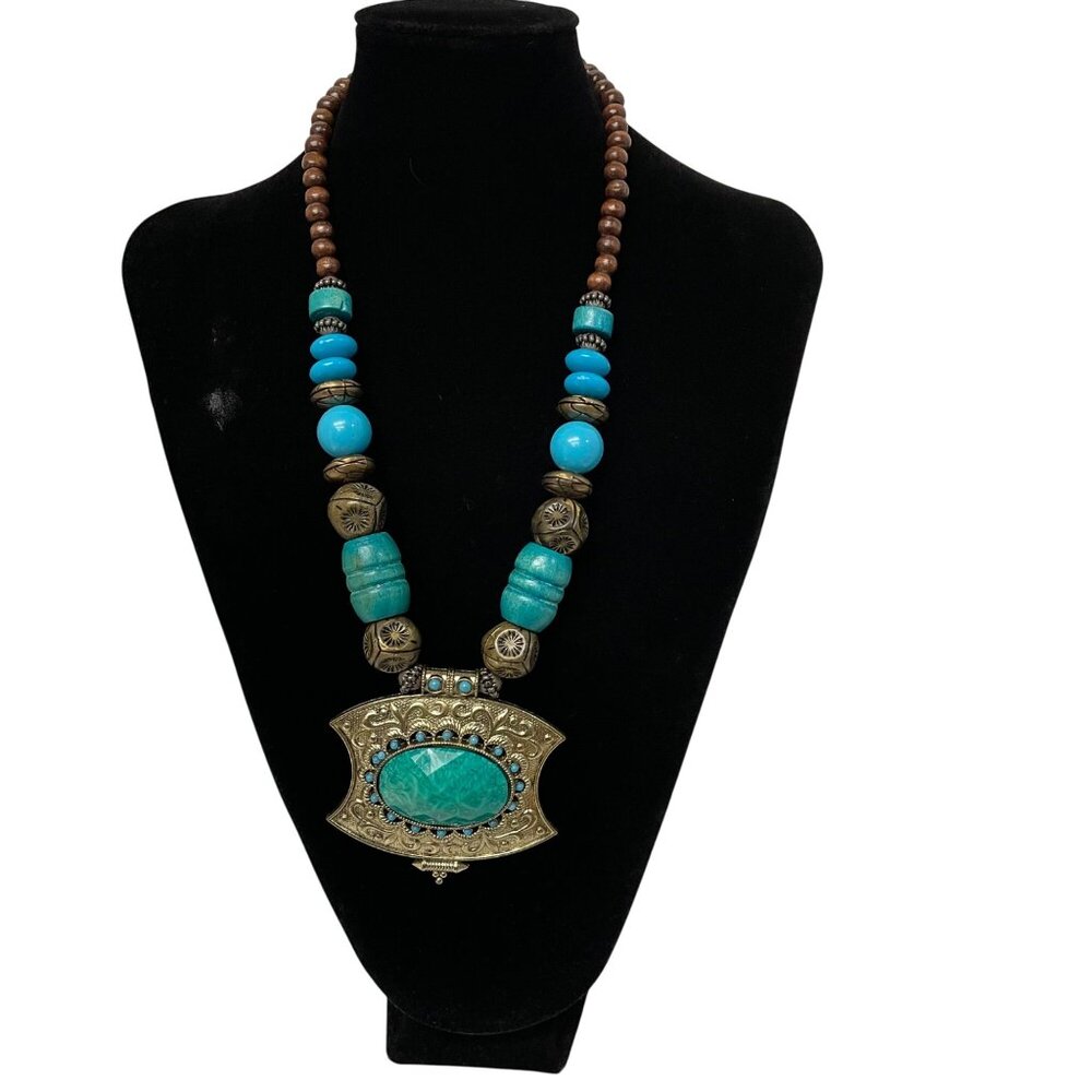 Handcrafted Statement Necklace With Turquoise Bea… - image 1
